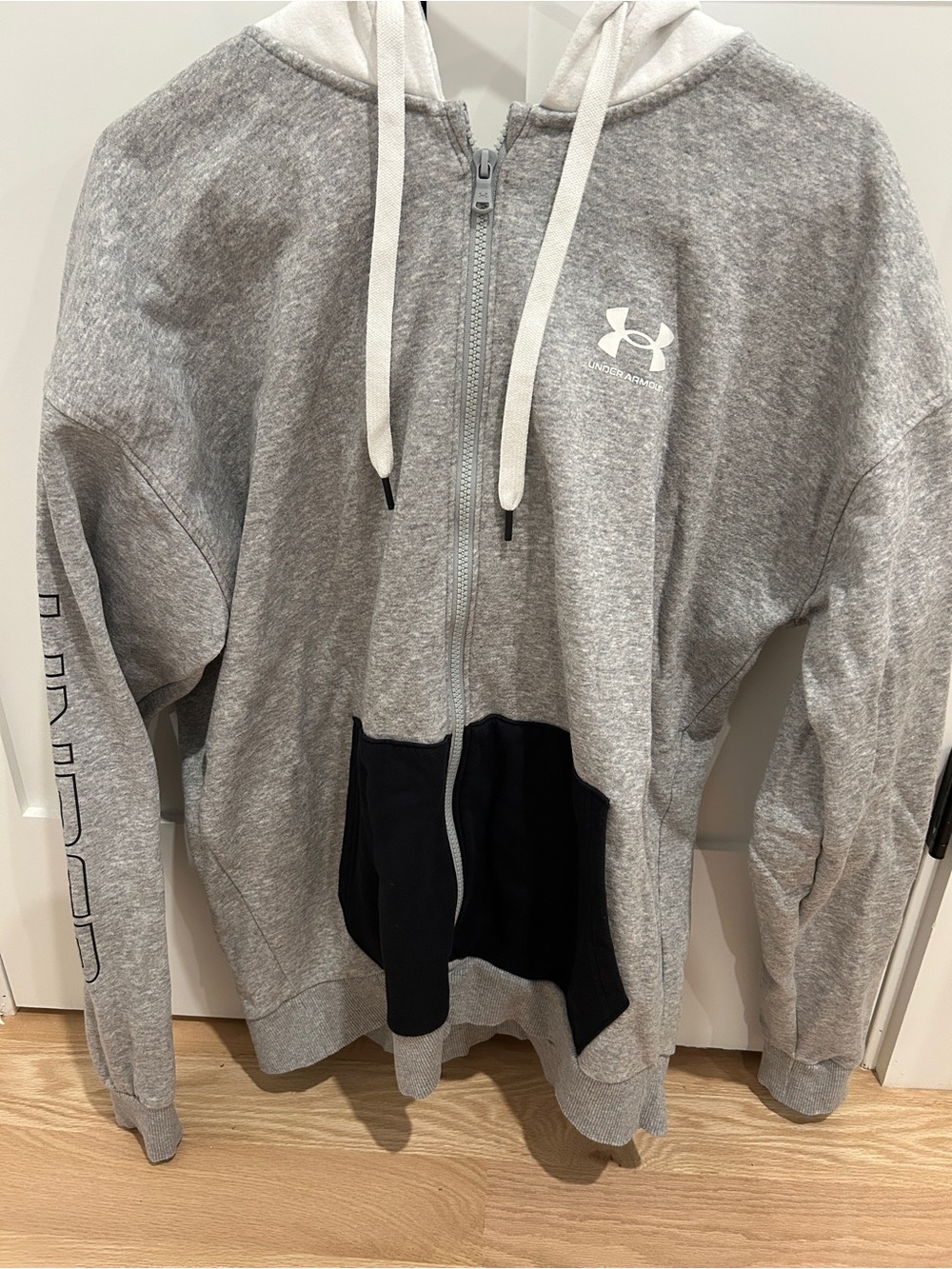 Under Armour Gray and Black Zip Hoodie with White Drawstrings